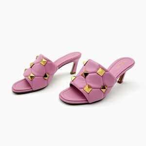 VALENTINO Roman Rockstud Pink Gold Heel Mule Size 37.5 Open Toe Quilted Leather